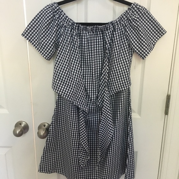 Off shoulder navy and white gingham dress - Picture 2 of 3